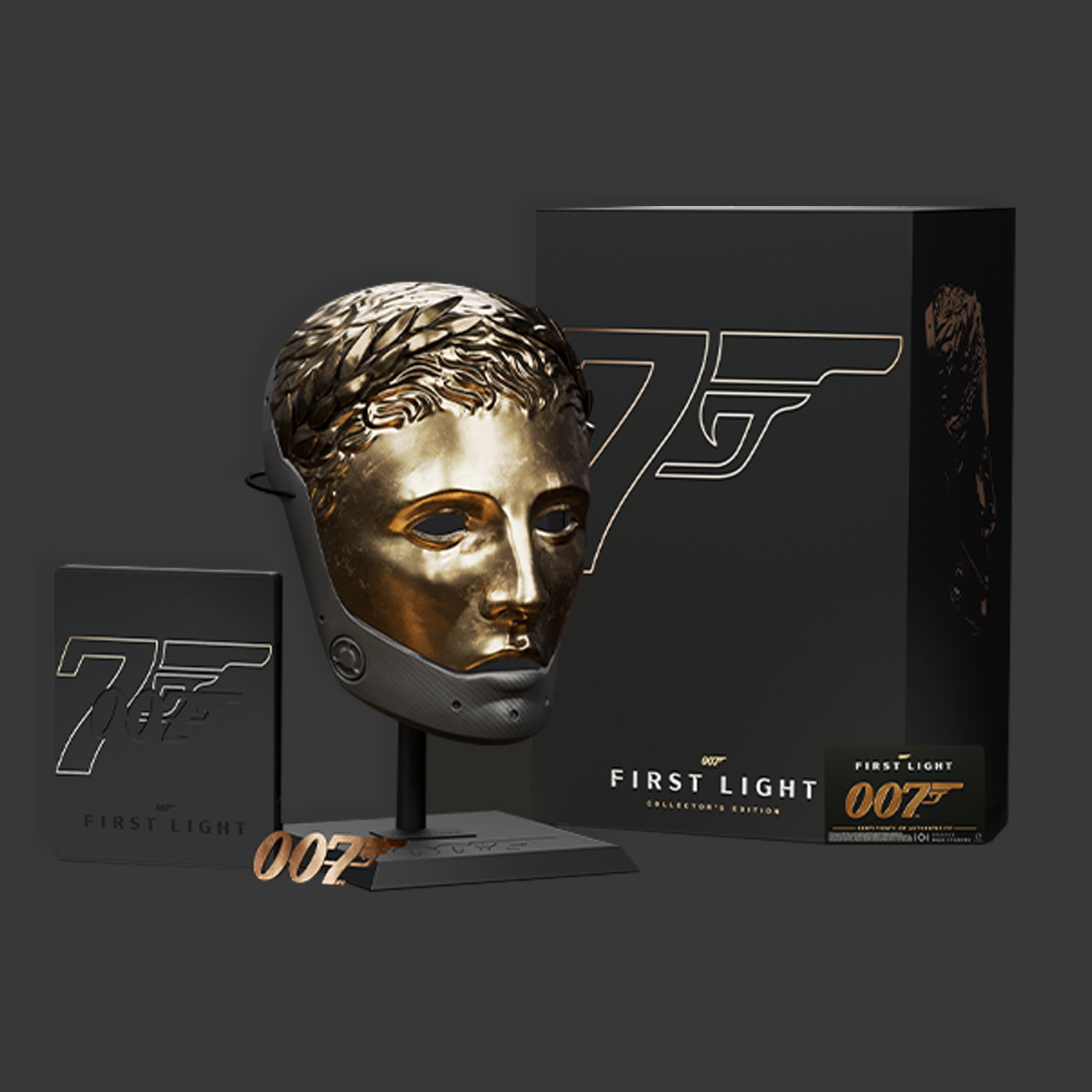 The 007 First Light Collector's Edition gold mask replica on a stand beside its steel case and box.