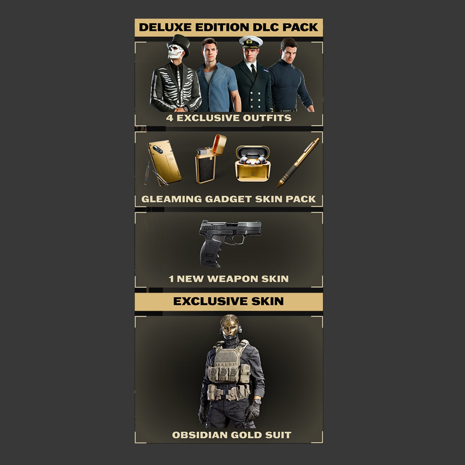 The 007 First Light Deluxe upgrade contents: four outfits, gadget skins, a weapon skin and the Obsidian Gold Suit.
