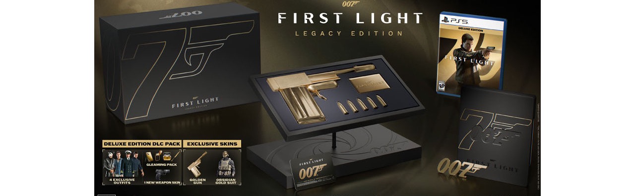 The 007 First Light Legacy Edition lineup: a Golden Gun figurine on a stand with gold bullets, steel case, certificate and box.