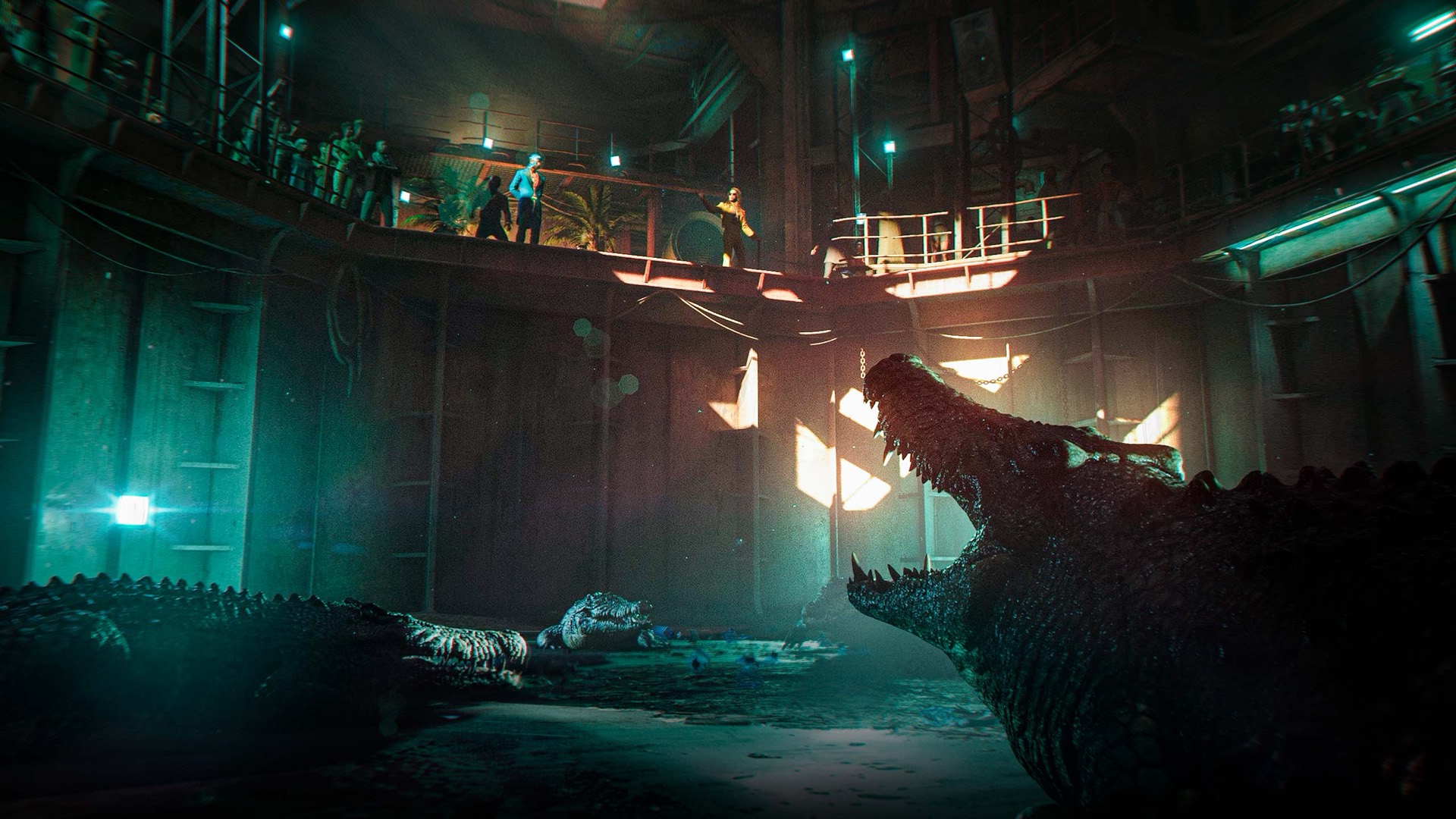 A dim, cavernous venue with walkways above a pit where large crocodiles lurk. — a scene from 007 First Light