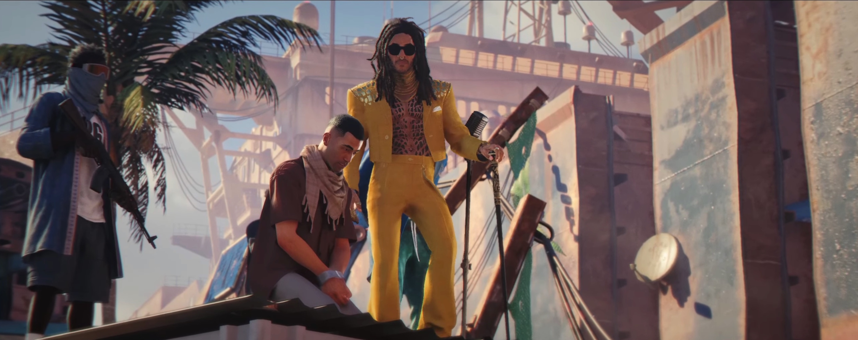Official 007 First Light trailer frame — Bawma in a bright yellow suit stands beside a man kneeling at his side, an armed masked guard and a ship-graveyard skyline behind them under a hazy sky.