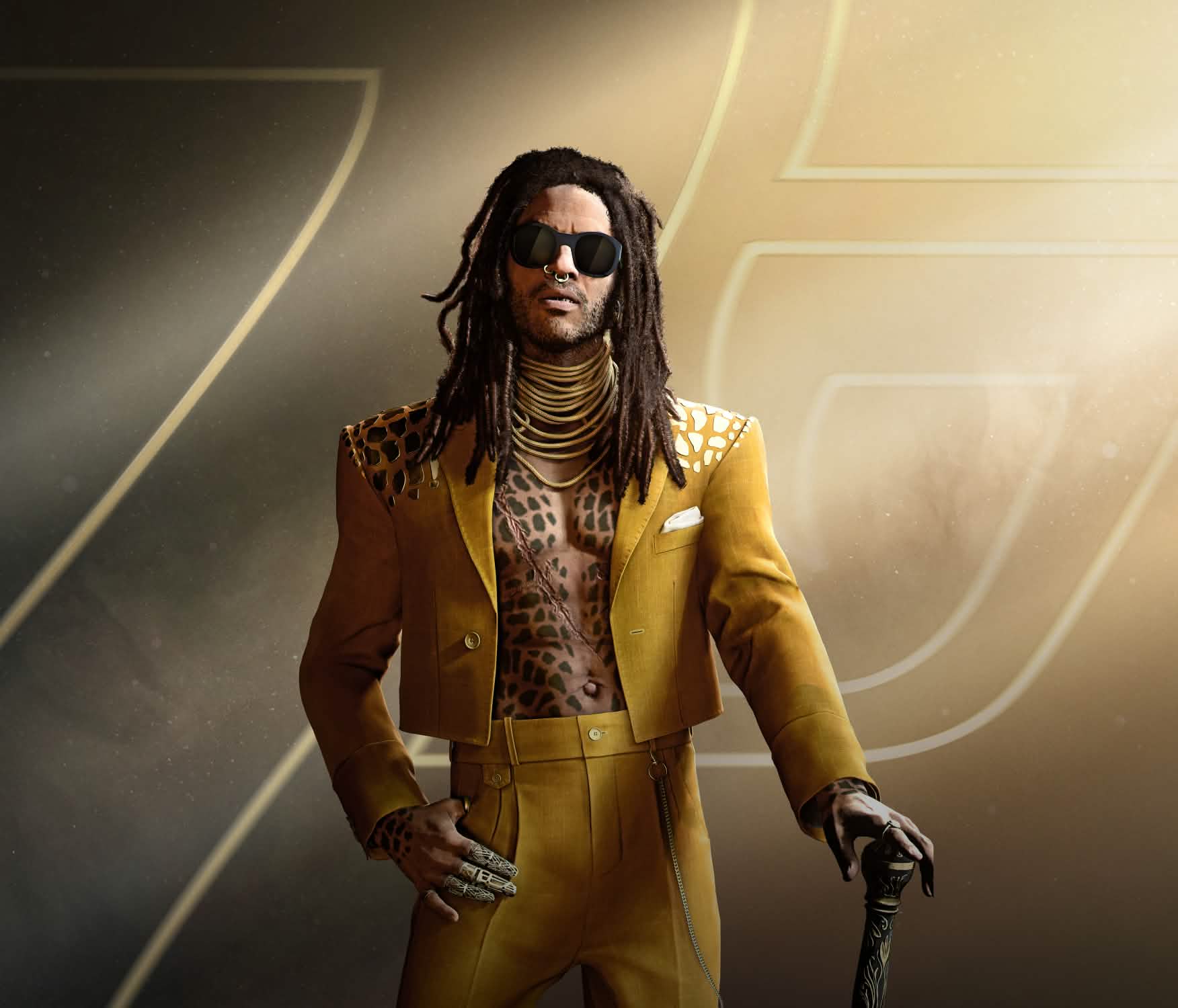 Official 007 First Light character render of Bawma in a gold suit and sunglasses, resting on a cane.