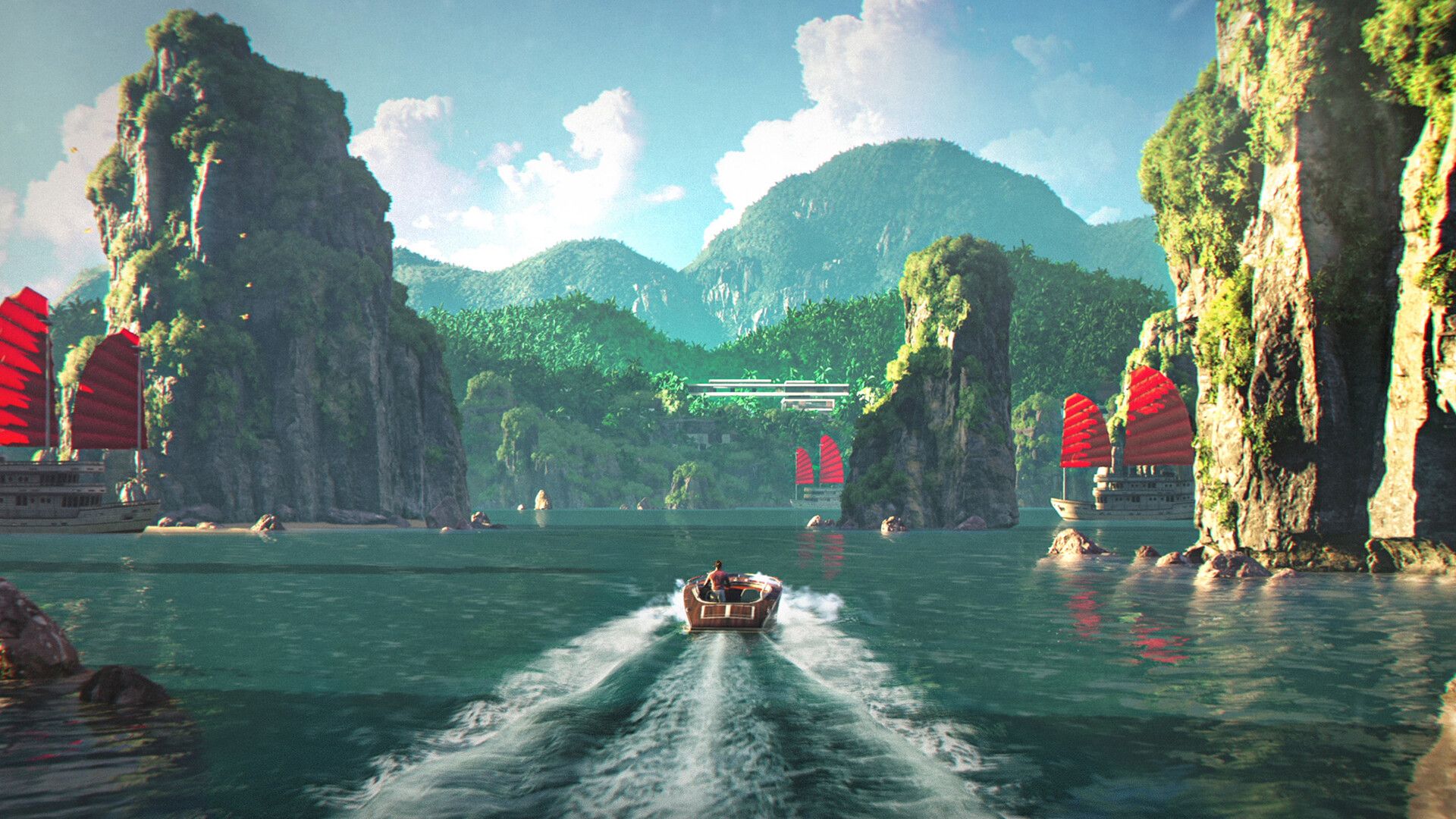 Bond piloting a small boat through a tropical bay dotted with red-sailed junk boats. — a scene from the 007 First Light chapters