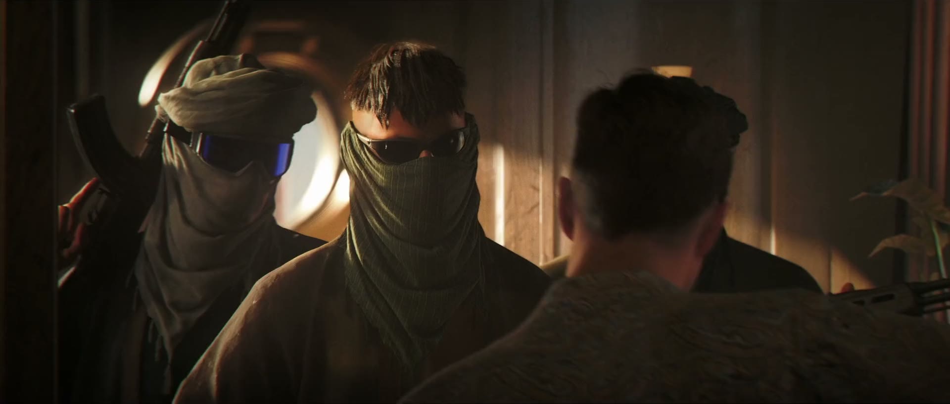 Official 007 First Light screenshot — James Bond faces two masked, armed figures at close quarters; one wears a mirrored visor, the other a scarf and sunglasses.