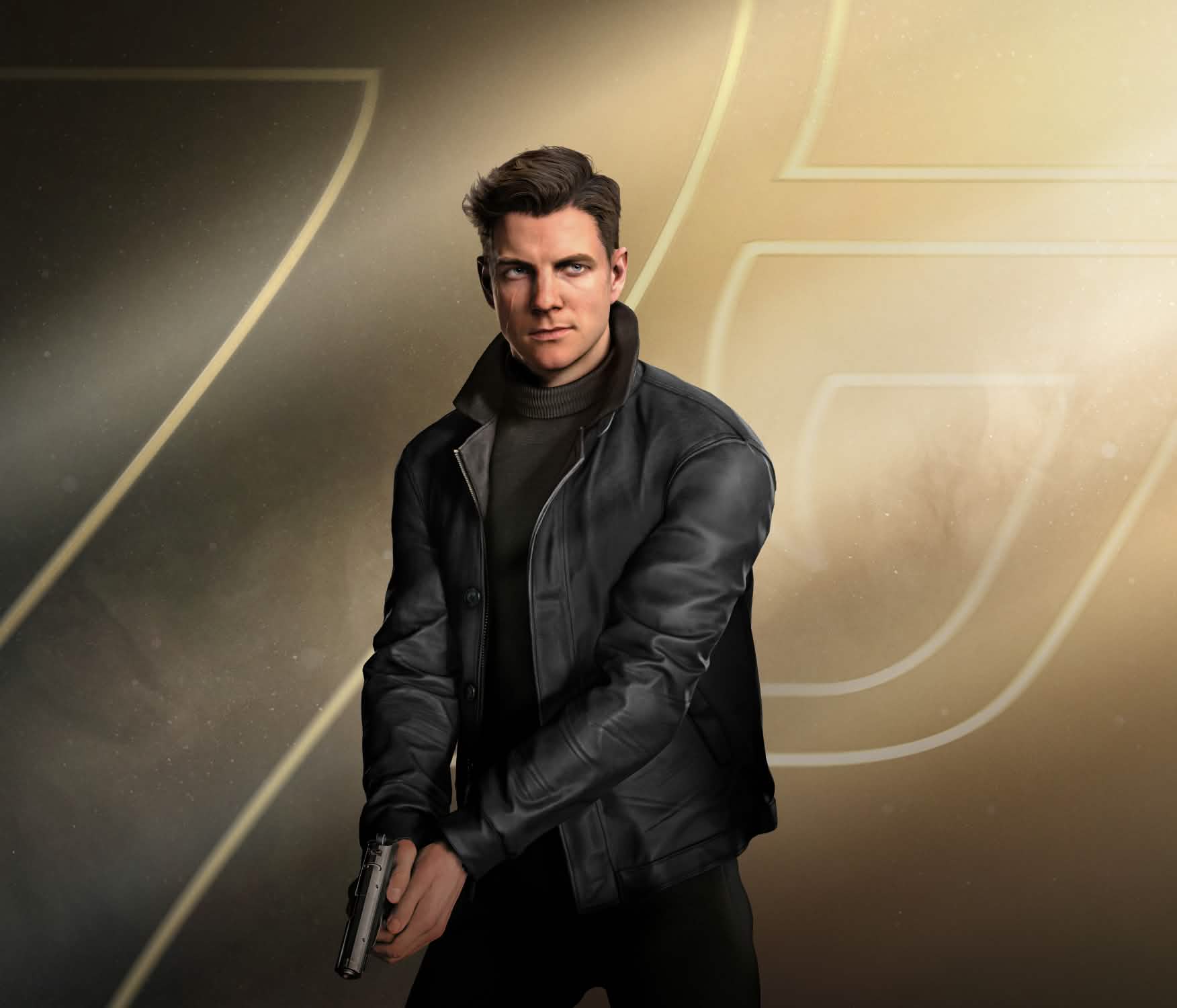 Official 007 First Light character render of James Bond in a leather jacket, pistol in hand.