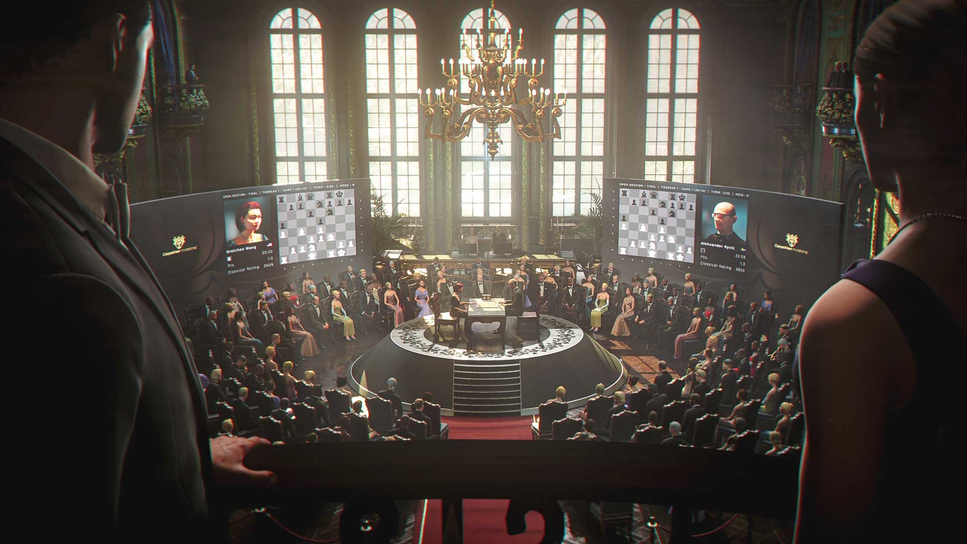 Two onlookers watch a staged chess match before a crowd in a grand, chandelier-lit hall. — a scene from 007 First Light