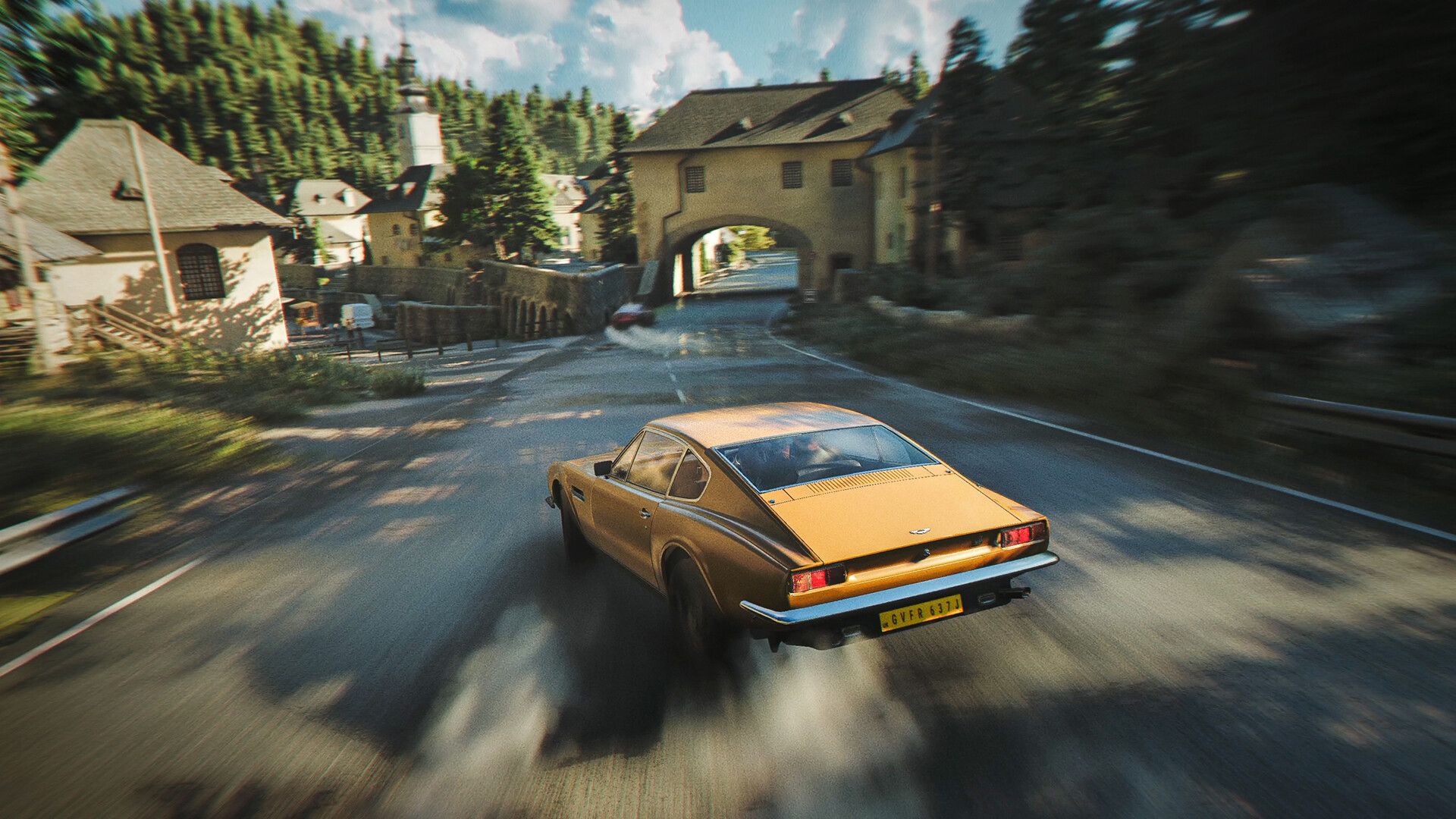 A classic sports car speeding through a European mountain village. — a scene from the 007 First Light chapters