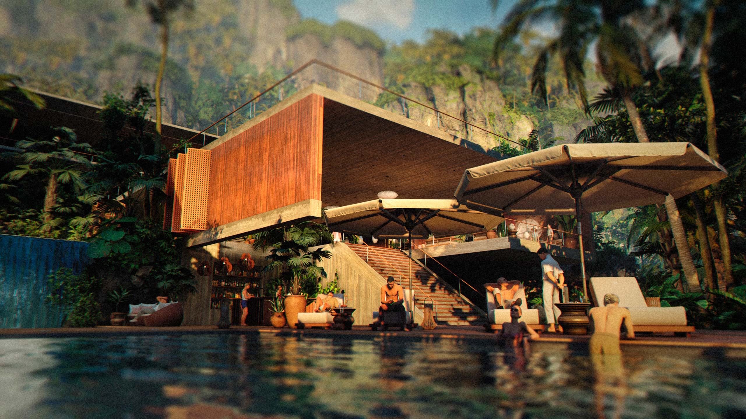 A clifftop infinity pool overlooking the sea at a luxury resort in 007 First Light.