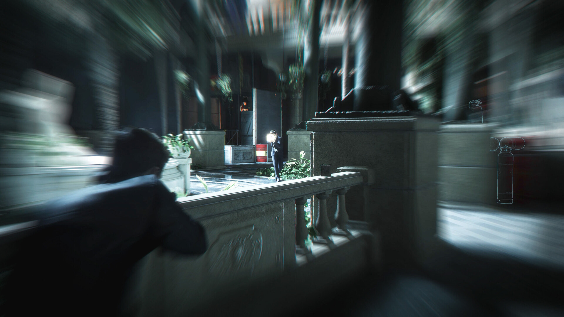 James Bond vaulting a stone balustrade to line up a shot in 007 First Light.