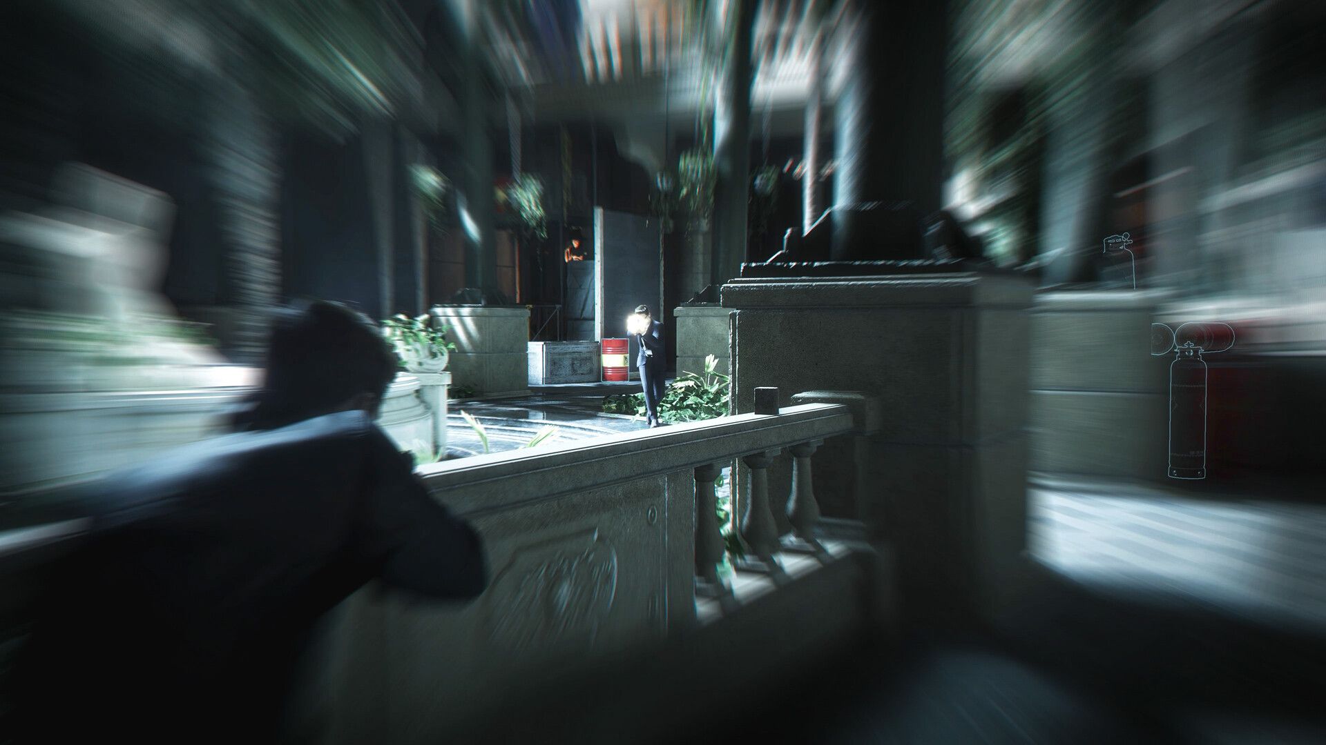 Focus-aim gameplay from the 007 First Light chapters — James Bond lining up a pistol shot.
