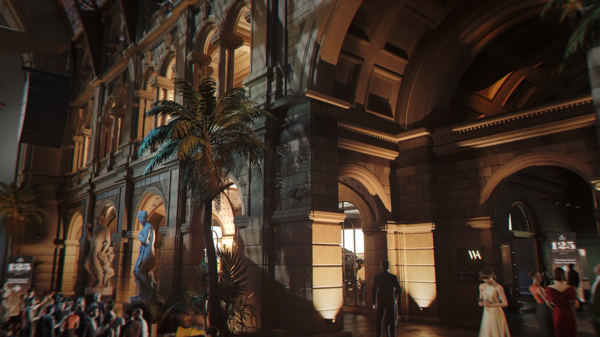 Guests in formalwear gathered in a grand, palm-dotted museum hall at golden hour. — a scene from 007 First Light