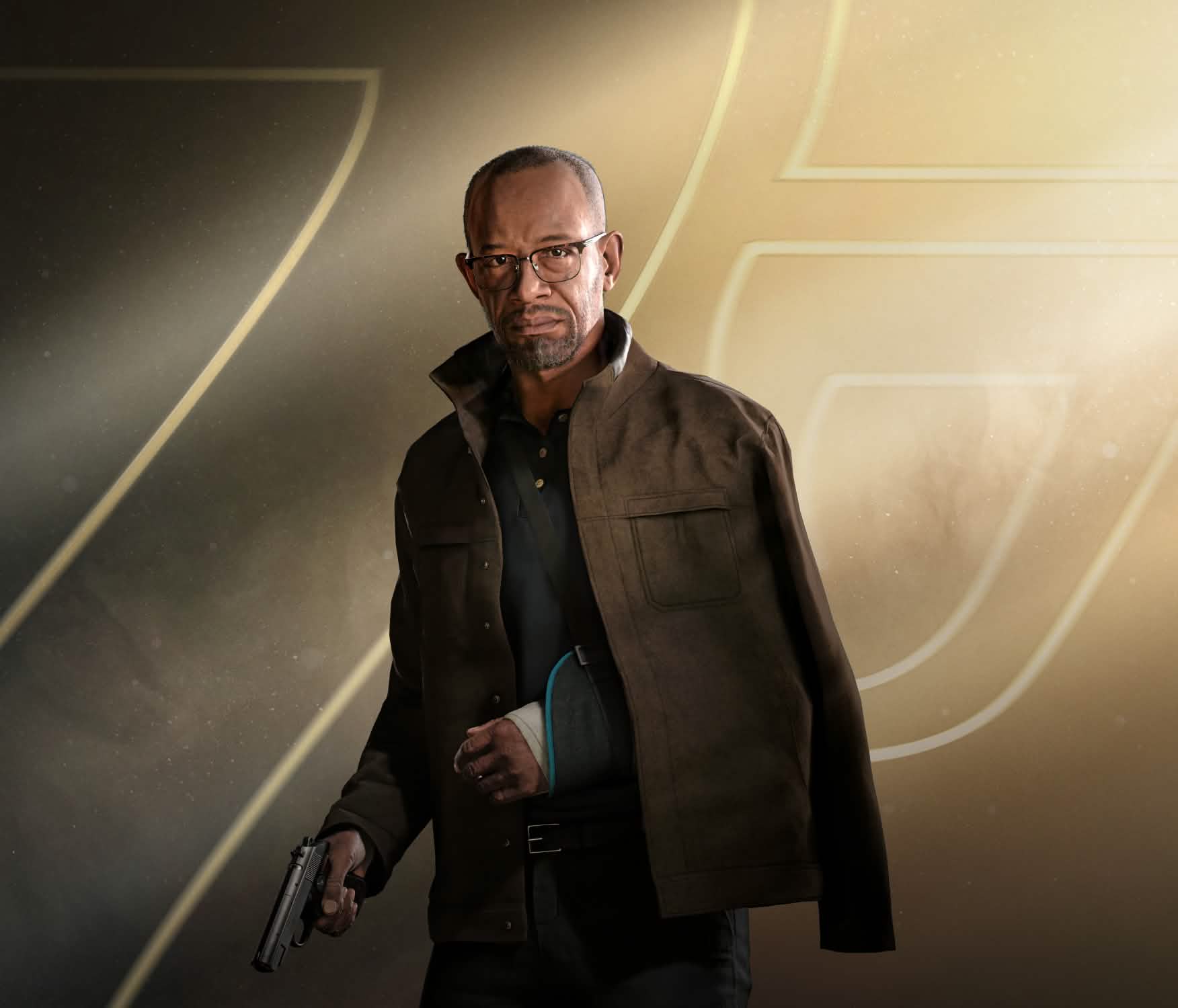 Official 007 First Light character render of John Greenway in a field jacket and glasses.