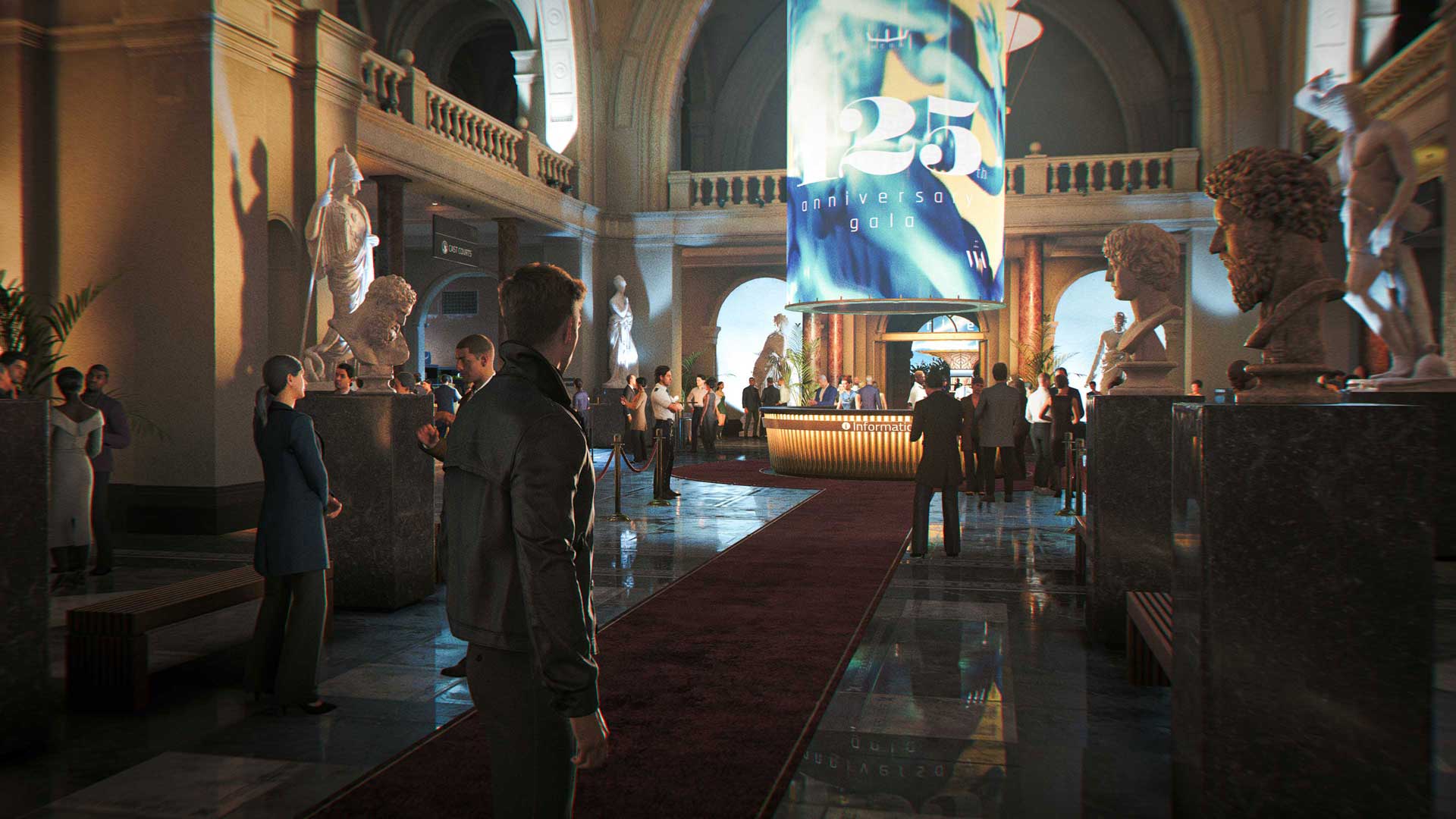 Official 007 First Light screenshot — a grand museum hall of classical statues with a 125th Anniversary Gala banner and formalwear guests.