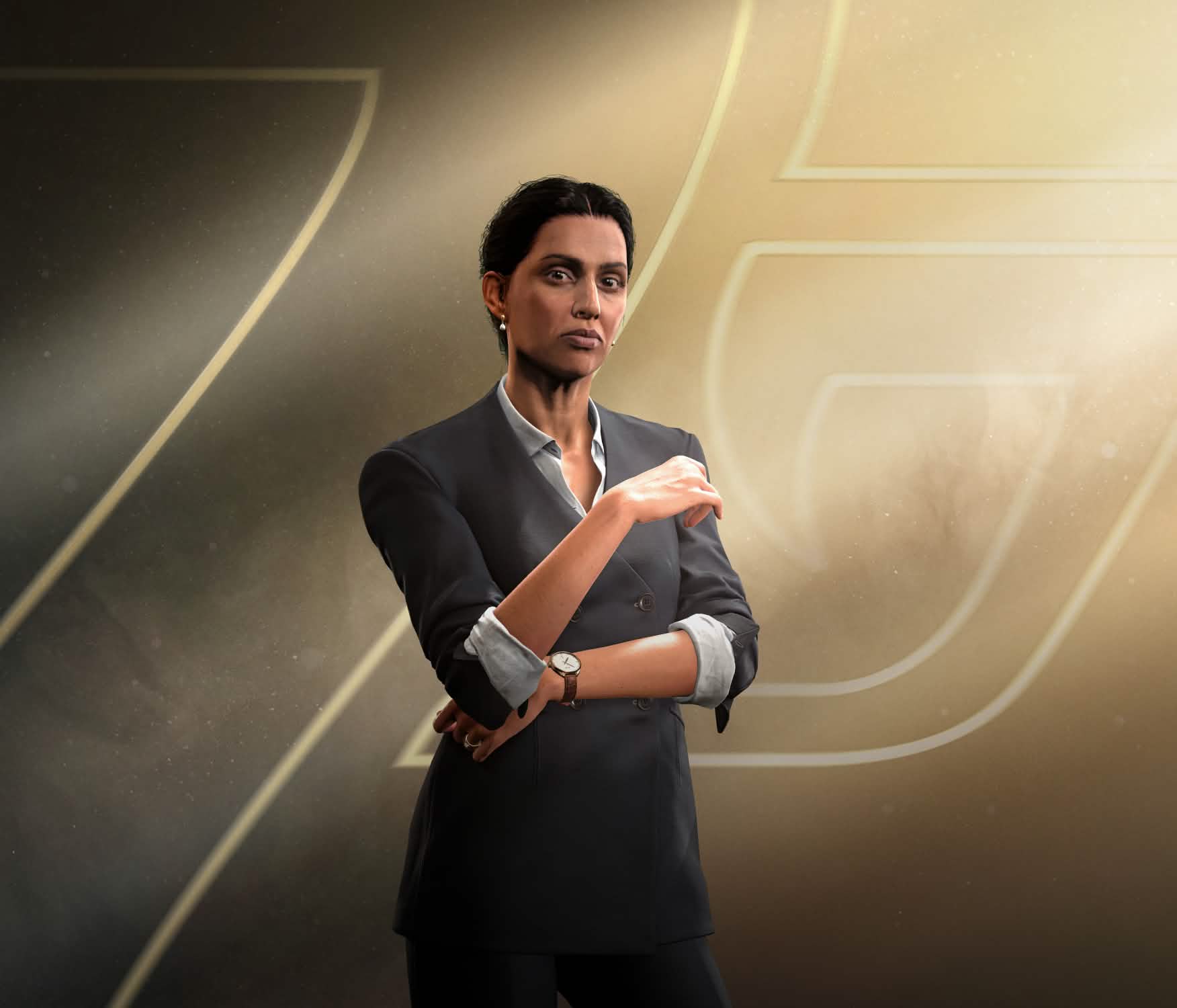 Official 007 First Light character render of M, head of MI6, in a tailored dark suit.