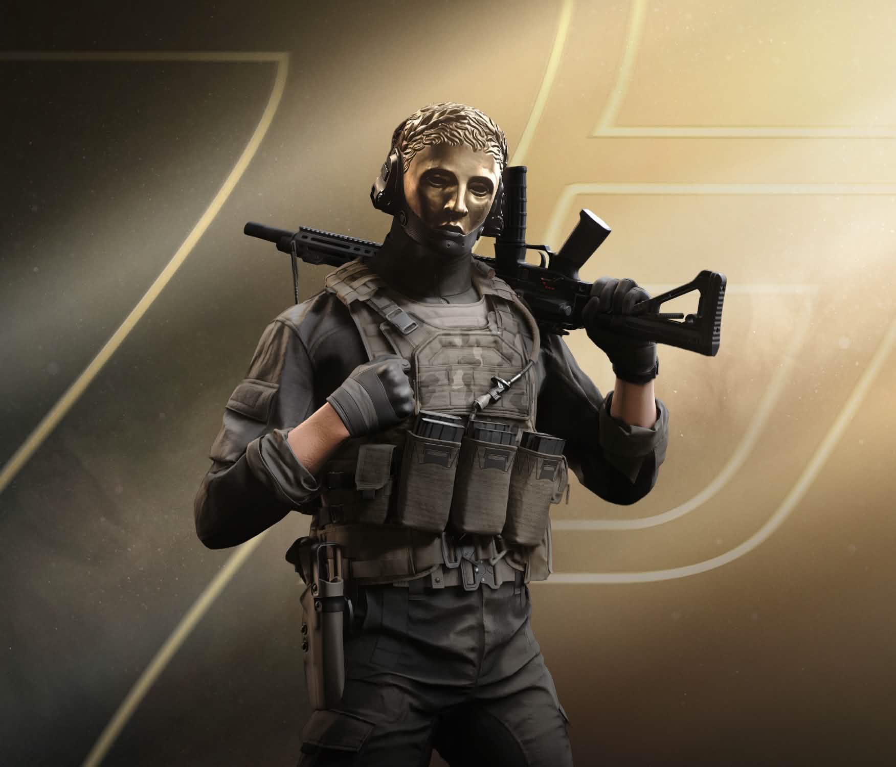 Official 007 First Light render of a masked operative in tactical gear shouldering a suppressed rifle.