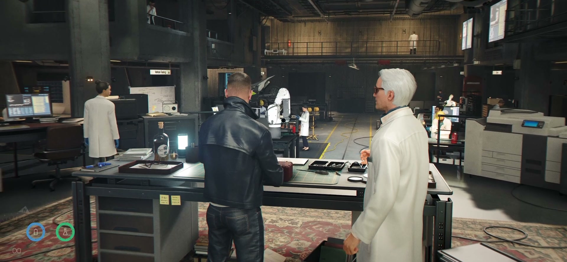 Official 007 First Light screenshot — a young James Bond facing a white-coated lab chief across a gadget-strewn workbench in MI6's technical workshop, technicians at their stations behind them.