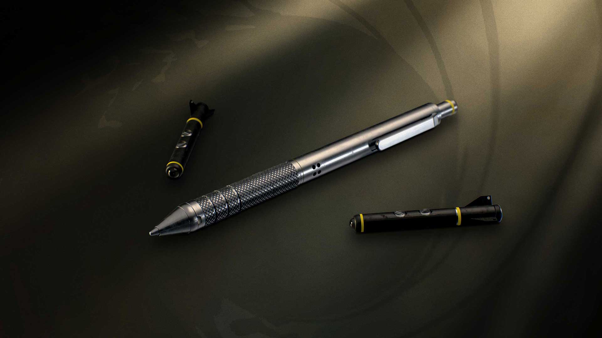 Official 007 First Light render of Bond's gadget pen shown with projectile cartridges.