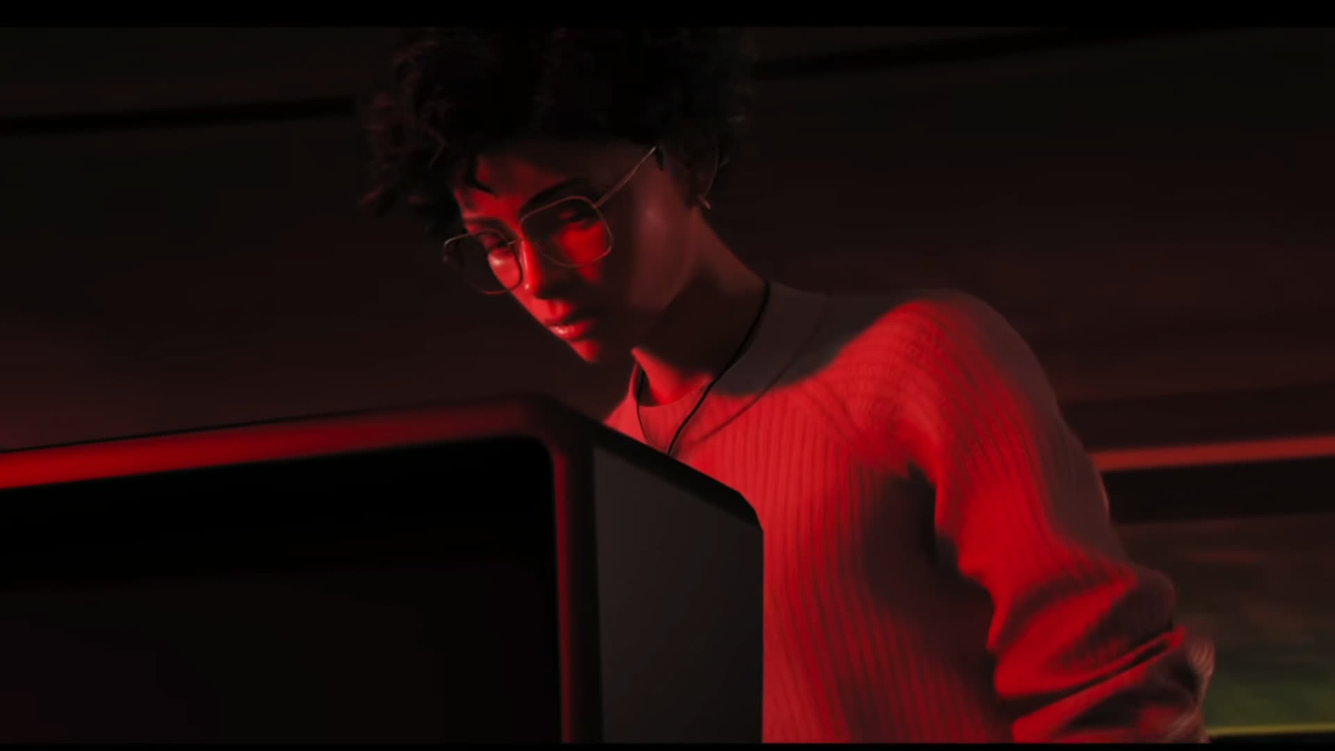 Official 007 First Light screenshot — Moneypenny leaning over a screen at a console under red light.