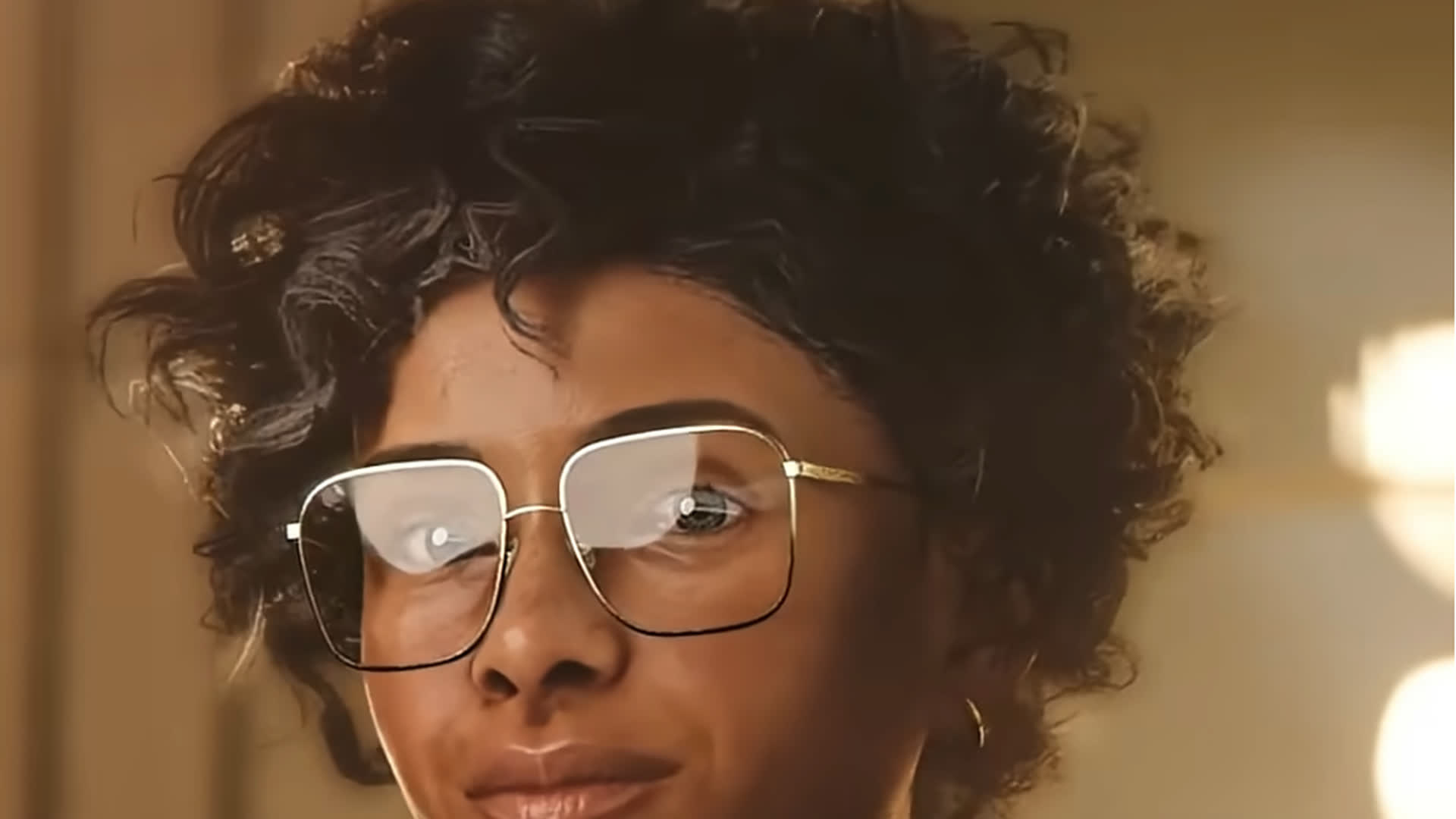 Official 007 First Light screenshot — a close-up of Miss Moneypenny with short curly hair and gold square glasses.