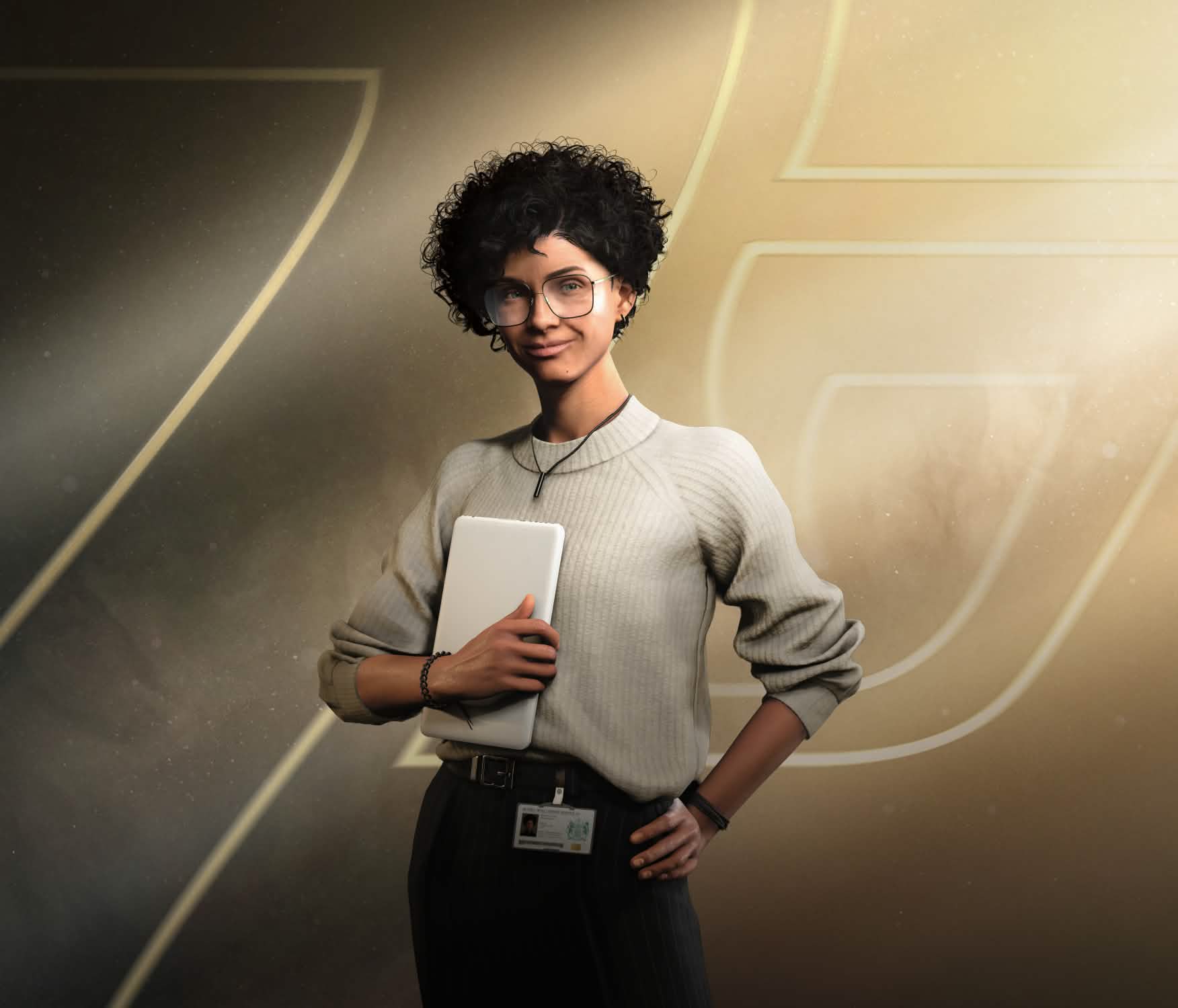 Official 007 First Light character render of Miss Moneypenny in glasses, holding a tablet with an MI6 badge on her belt.