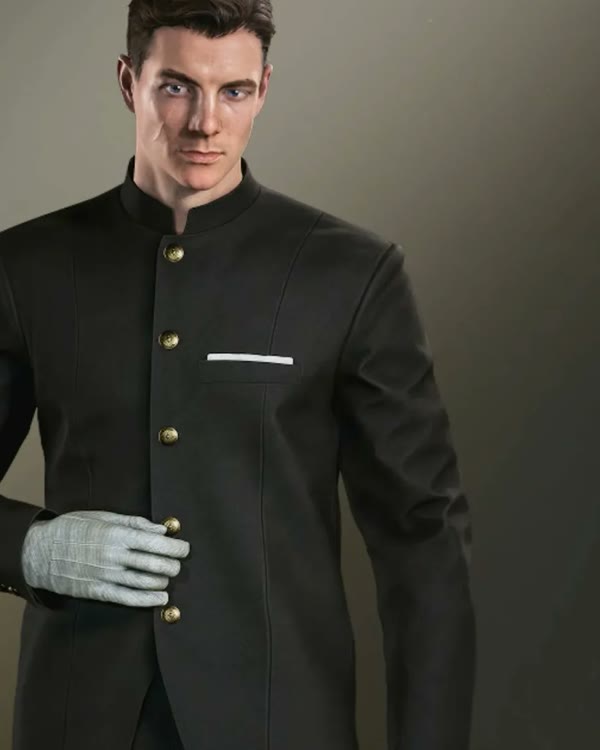 James Bond in the Chauffeur uniform, a black buttoned tunic with white gloves, in 007 First Light.