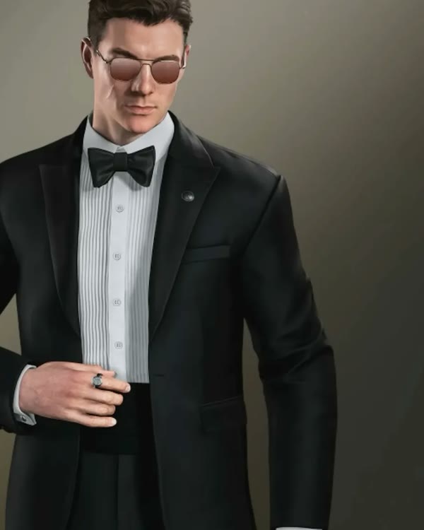 James Bond in the Chessmaster Suit, a black tuxedo with a bow tie, in 007 First Light.