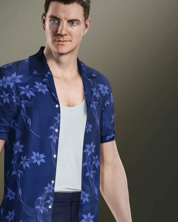 James Bond in the Diamond in the Rough outfit, a blue floral open shirt, in 007 First Light.
