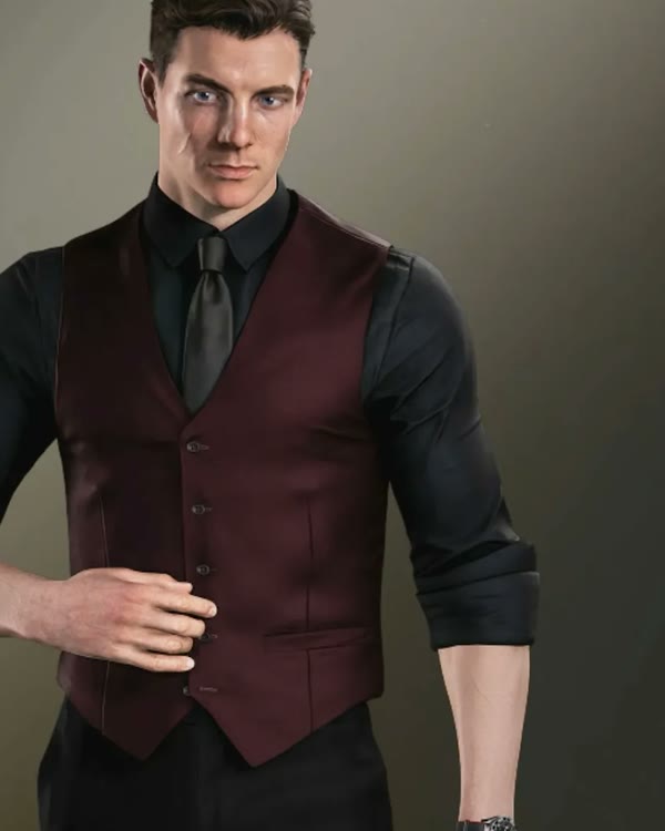 James Bond in the Event Staff Uniform, a dark shirt and maroon waistcoat, in 007 First Light.