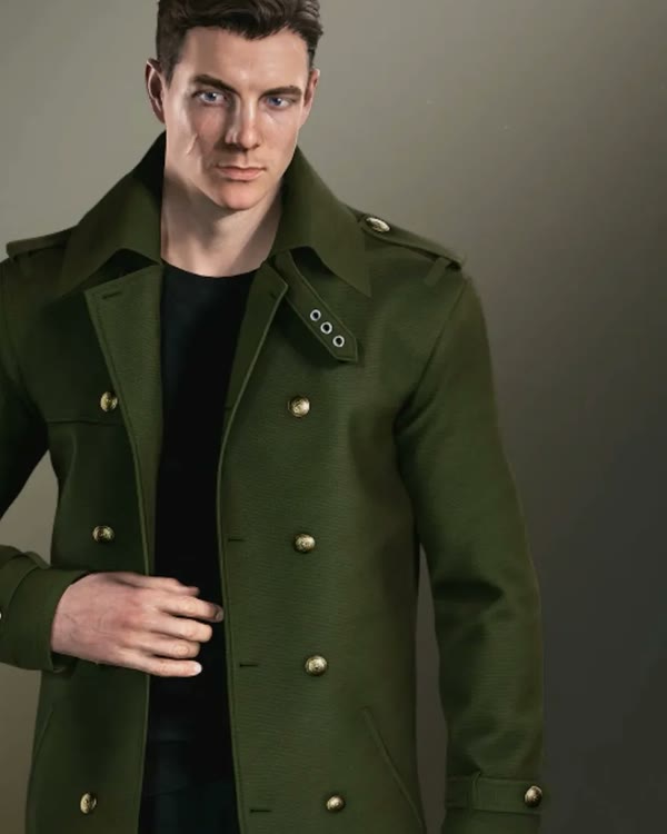 James Bond in the Forest Operative outfit, a green tactical trench coat, in 007 First Light.