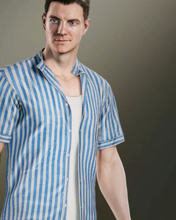 James Bond in the Leisure Beam outfit, a blue-striped short-sleeve shirt, in 007 First Light.