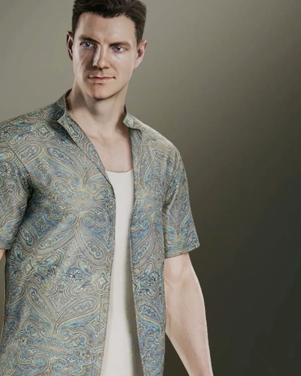 James Bond in the Mauritania outfit, a grey patterned short-sleeve shirt, in 007 First Light.