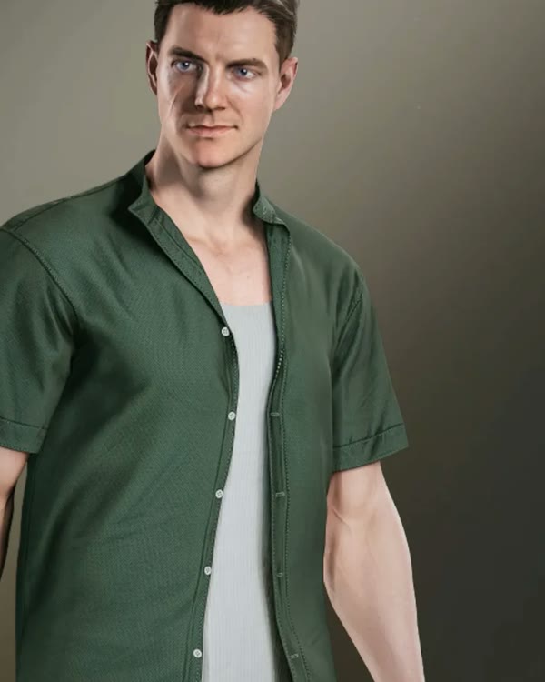 James Bond in the One More outfit, a dark green casual shirt, in 007 First Light.