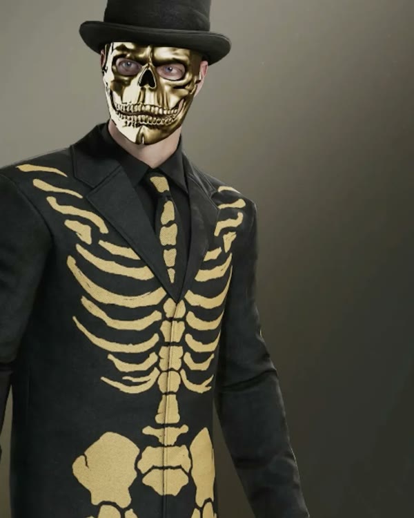 James Bond in the Resplendent Death outfit, a gold skeleton suit, mask and top hat, in 007 First Light.