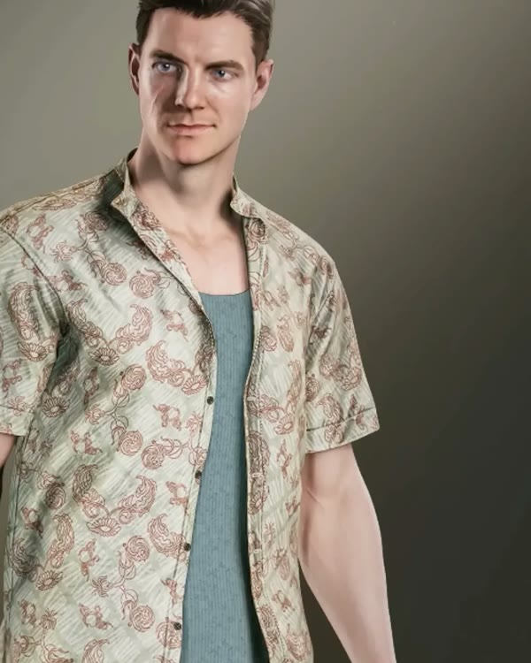 James Bond in the Savanna Bloom outfit, a blue patterned short-sleeve shirt, in 007 First Light.