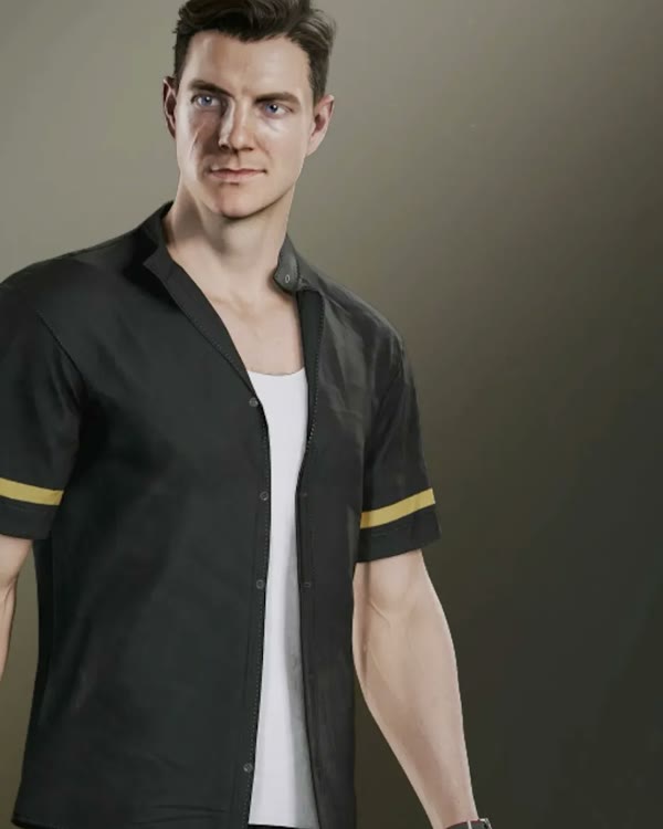 James Bond in the Silent Line outfit, a black short-sleeve shirt with yellow trim, in 007 First Light.