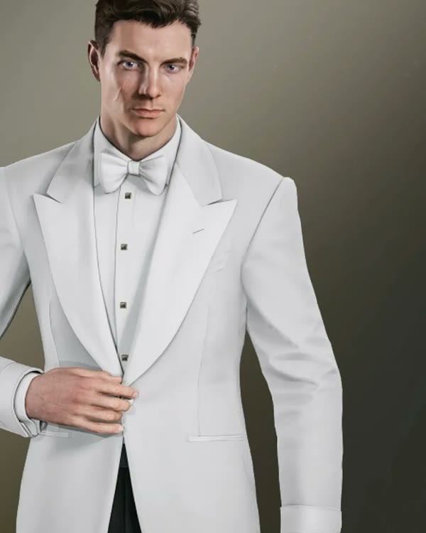 James Bond in the White tuxedo, a white dinner jacket with black trousers, in 007 First Light.