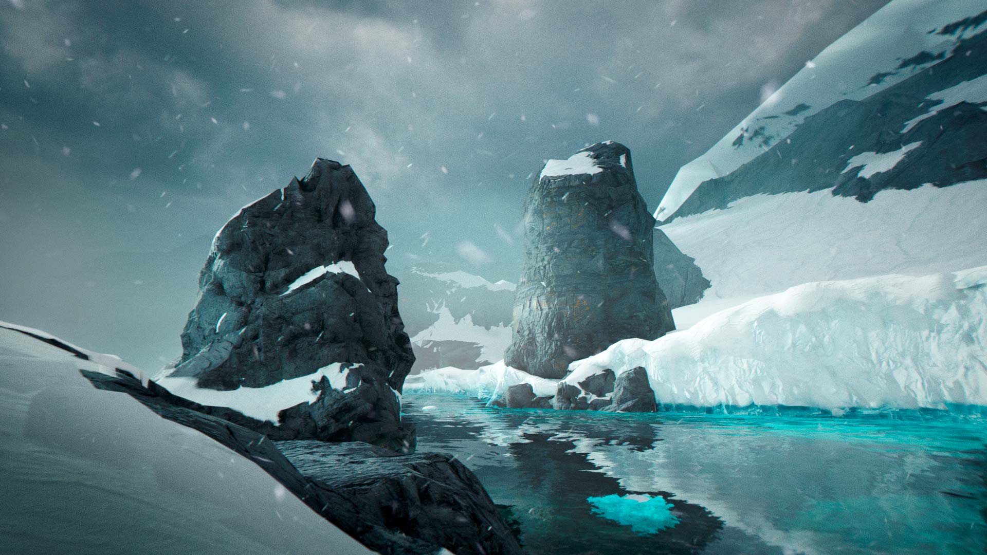 Dark rock formations rising from glowing turquoise water amid snow and ice. — a scene from the 007 First Light walkthrough