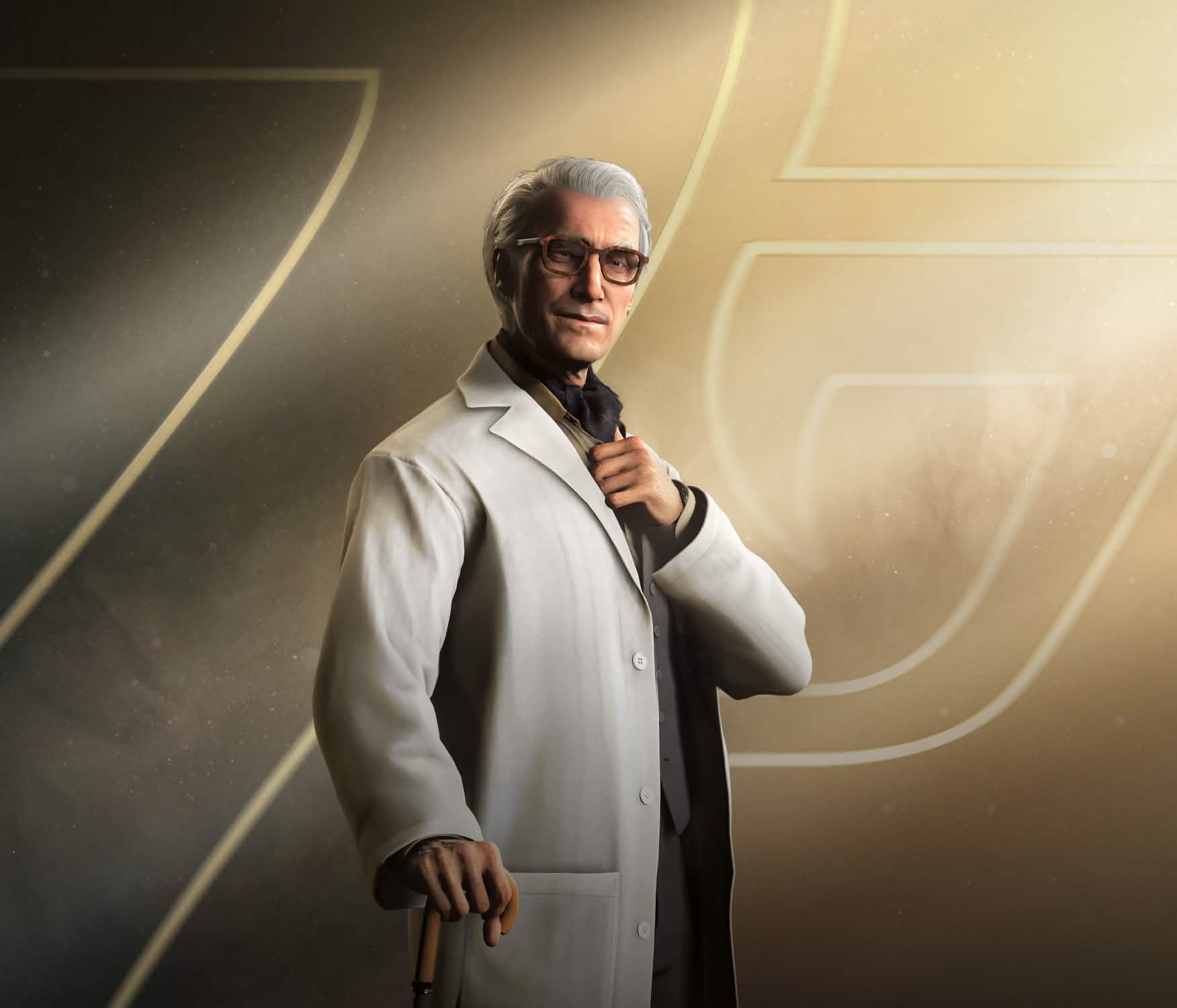 Official 007 First Light character render of Q in a white lab coat with glasses and a cane.