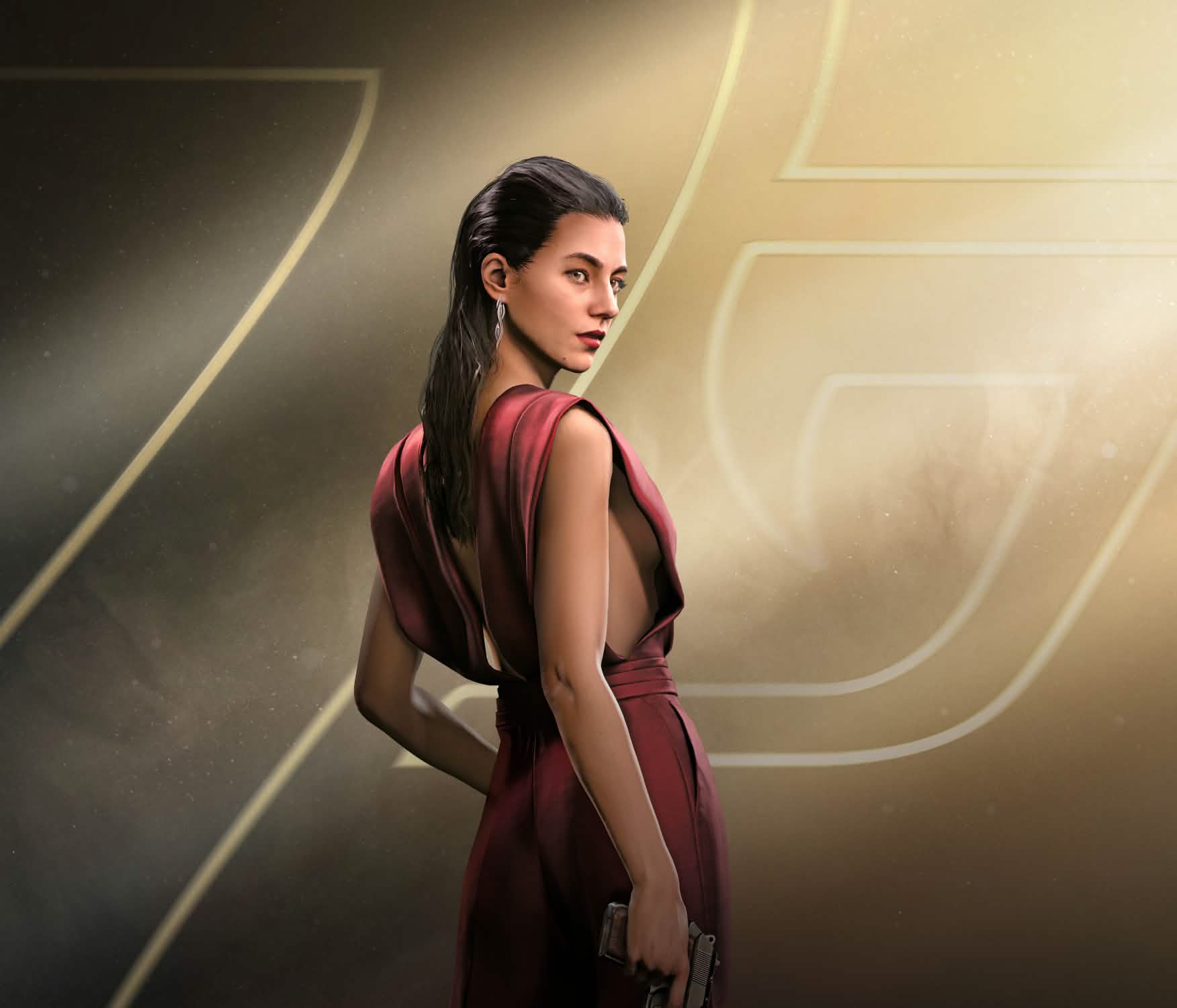 Official 007 First Light character render of Ms. Roth in a backless red gown holding a pistol.