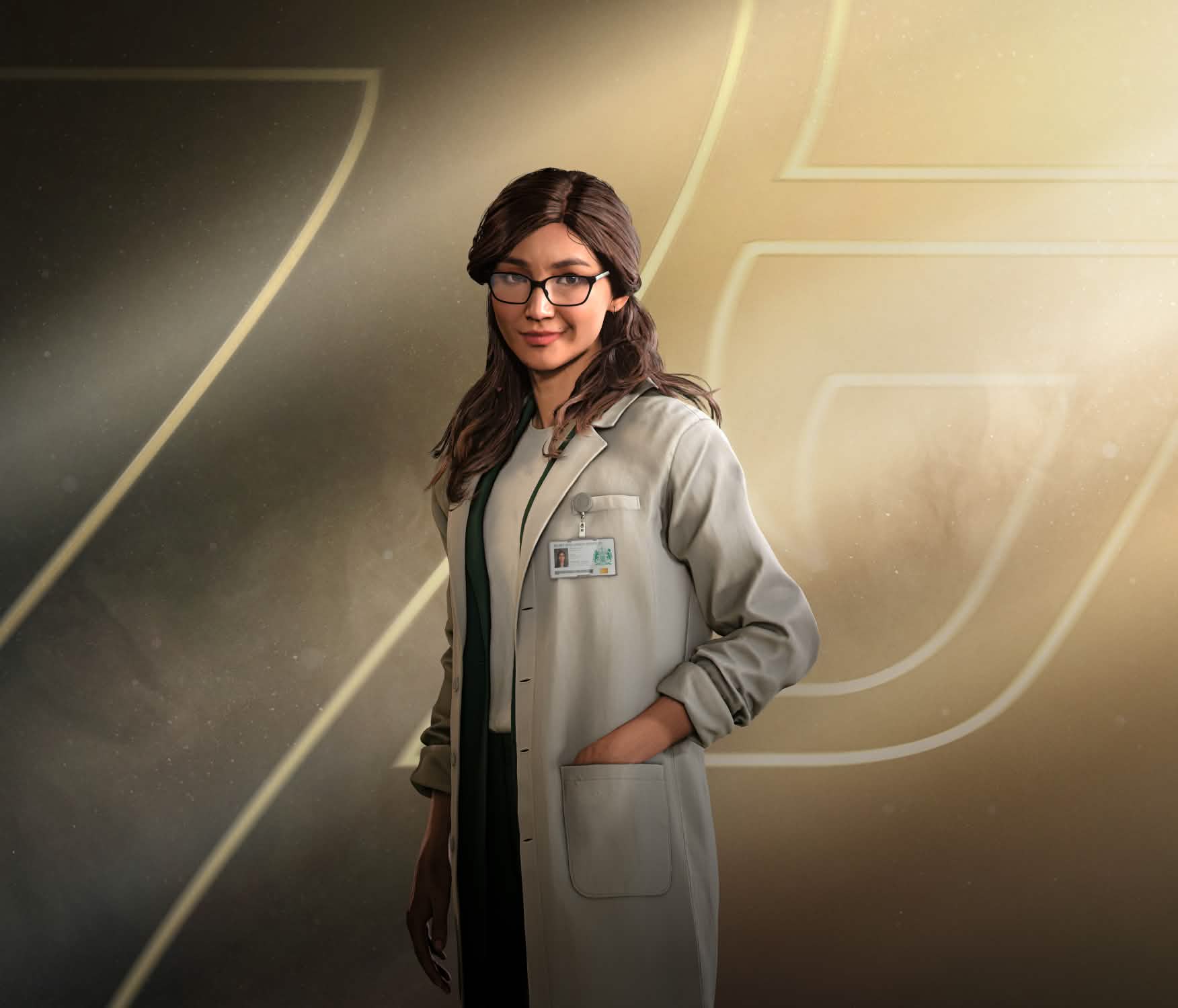 Official 007 First Light character render of Dr. Selina Tan in an MI6 lab coat with glasses.