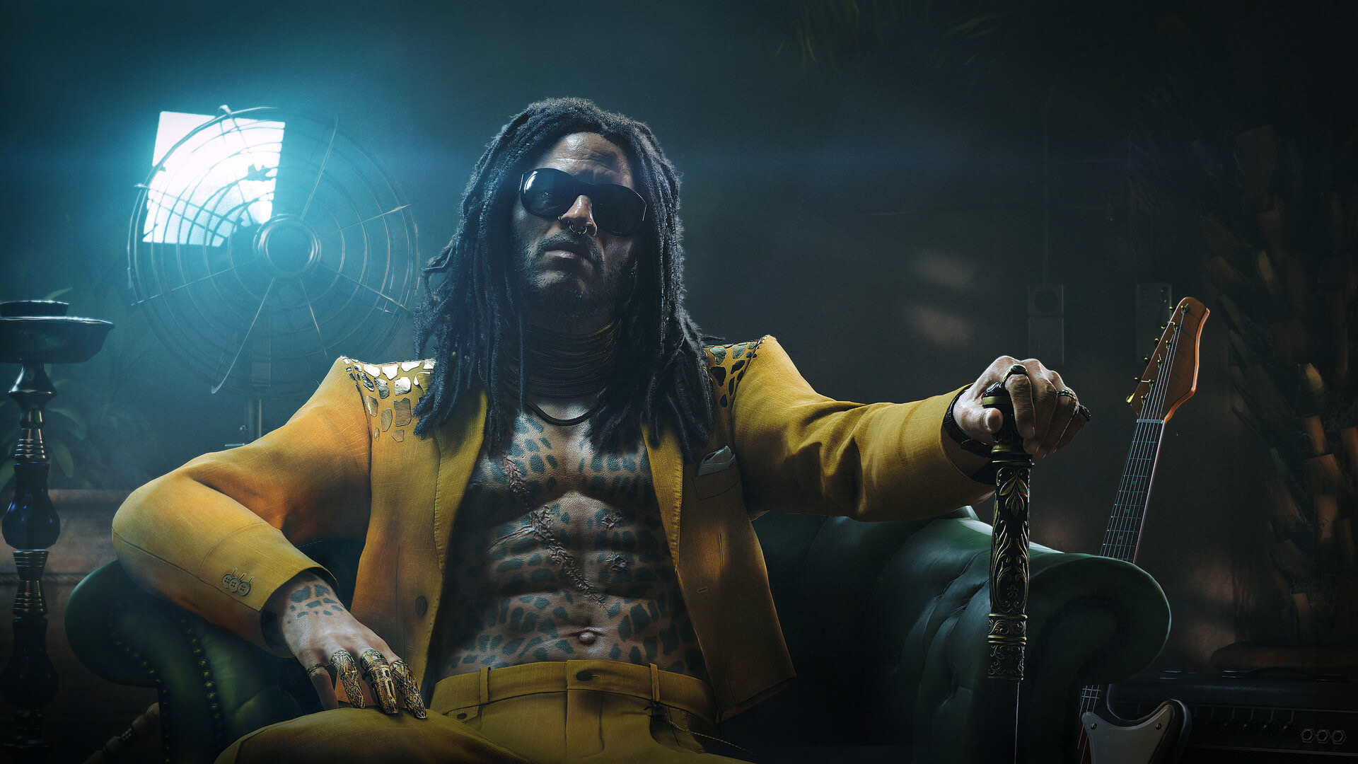 A character in a yellow suit and sunglasses seated with a sheathed blade and guitar.